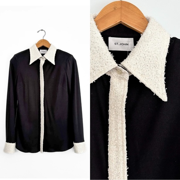 St. John Tops - St. John Black White Silk Contrast Texture Collar Cuffs Button Down Top Blouse